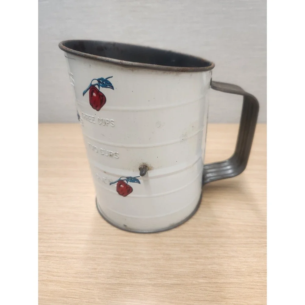 Bromwells 3 Cup Flour Sifter Apples VTG Retro White Red Rusty Cottage Core